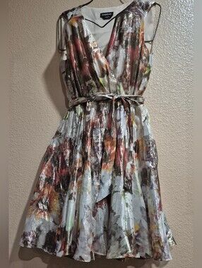 bebe Metallic Floral Wrap Mini Dress in White, Brown, Orange
